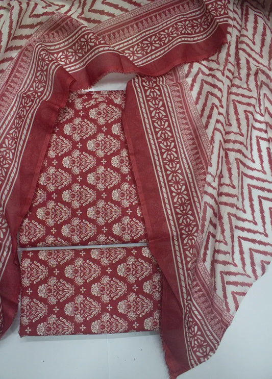3 Piece Cotton Digital Printed Red Color Unstitched Suit