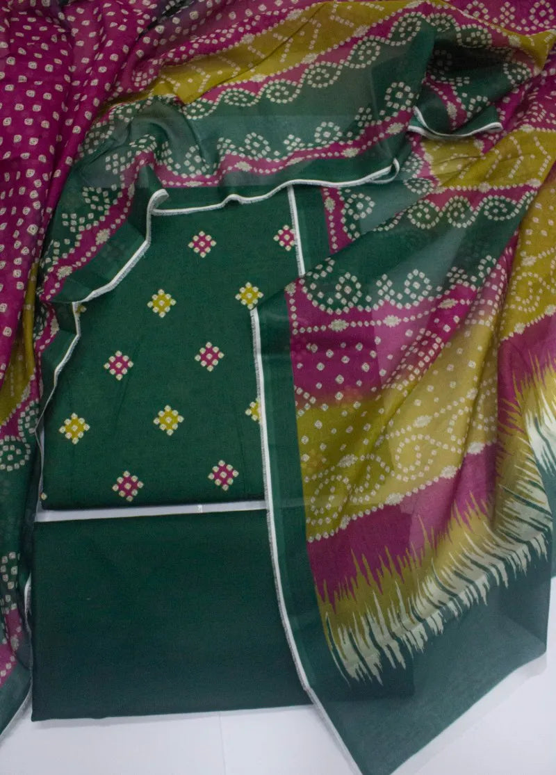 3 Piece Cotton Digital Printed Bottle Green Color Unstitched Suit
