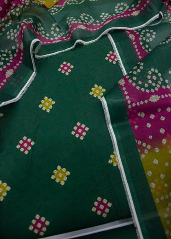 3 Piece Cotton Digital Printed Bottle Green Color Unstitched Suit
