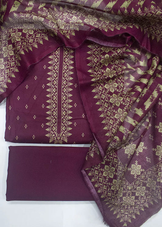 3 Piece Cotton Digital Printed Maroon Color Unstitched Suit
