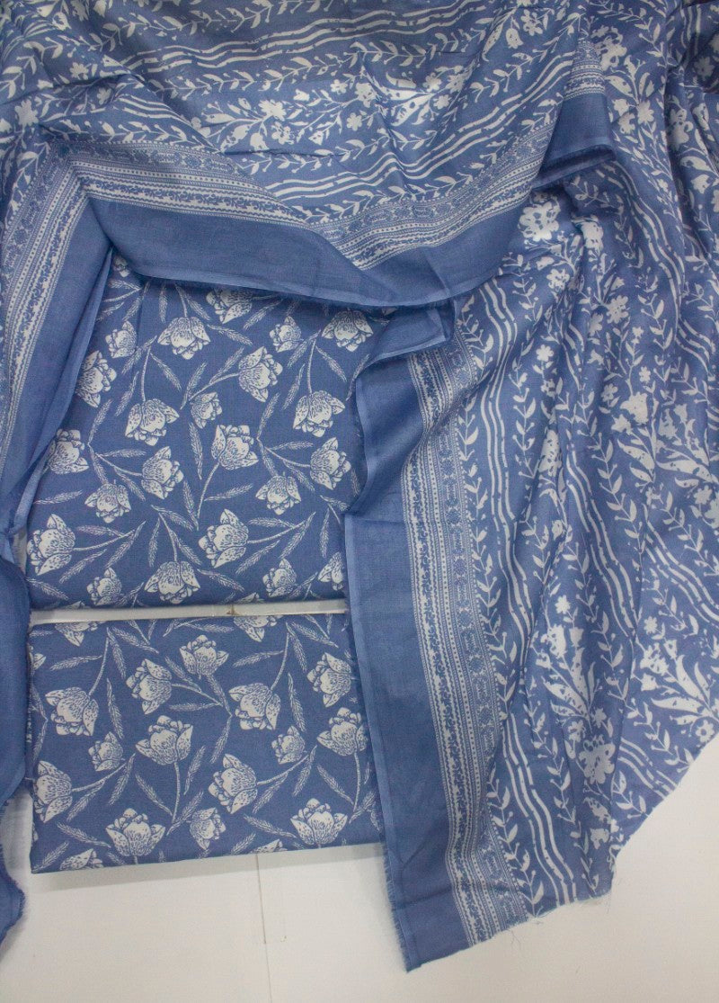 3 Piece Cotton Digital Printed Ice Blue Color Unstitched Suit
