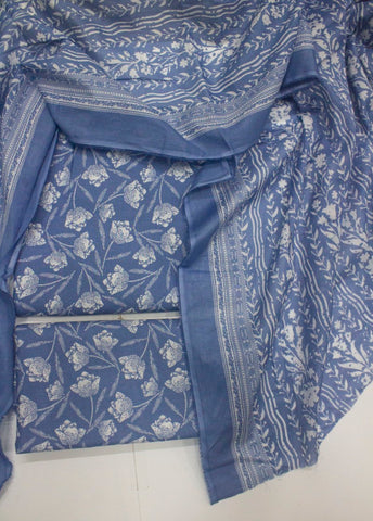3 Piece Cotton Digital Printed Ice Blue Color Unstitched Suit
