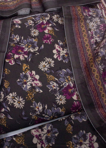 3 Piece Cotton Digital Printed Brown Color Unstitched Suit