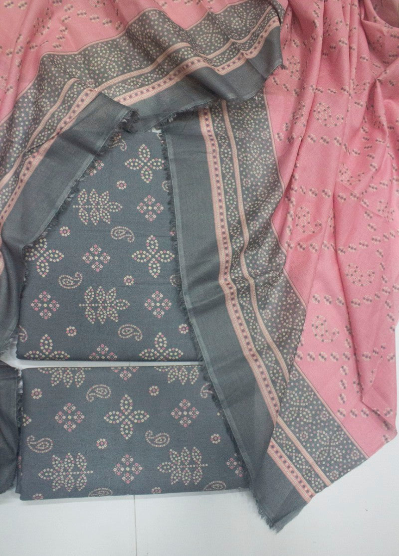 3 Piece Cotton Digital Printed Grey Color Unstitched Suit
