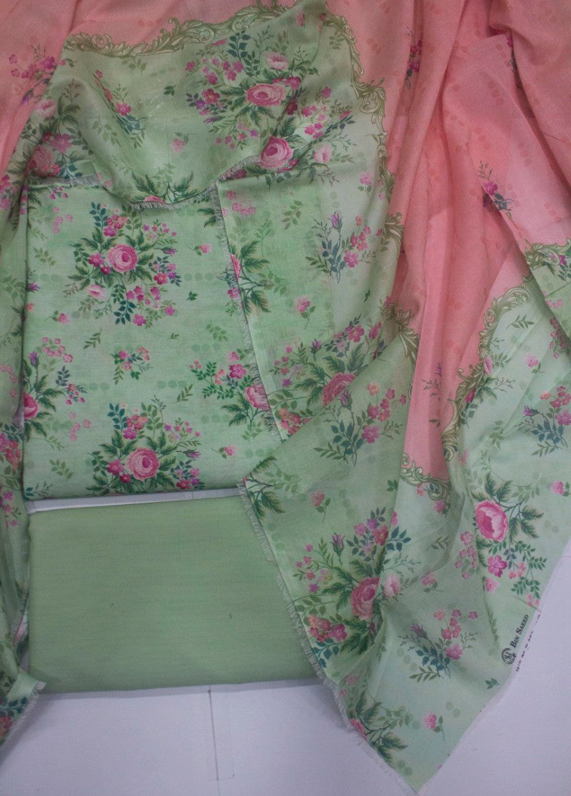 3 Piece Cotton Digital Printed Pastel Green Color Unstitched Suit