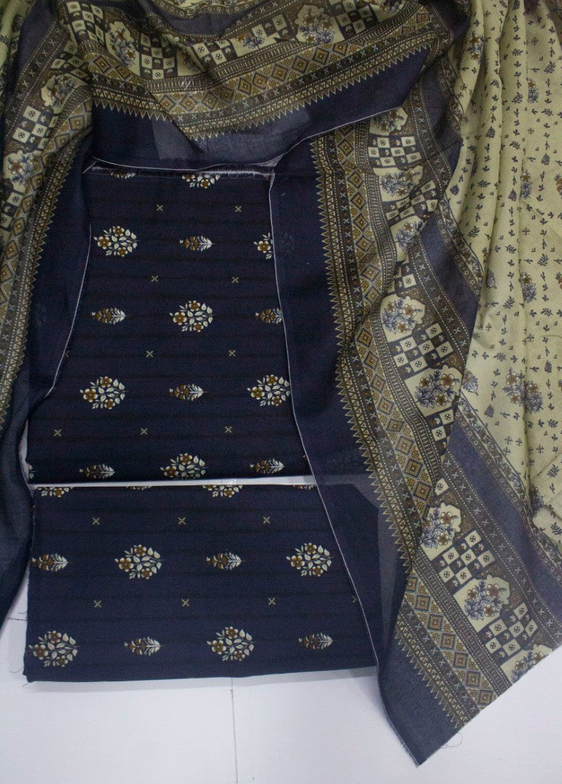 3 Piece Cotton Digital Printed Black Color Unstitched Suit
