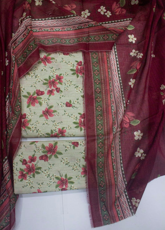 3 Piece Digital Printed Ivory Color Unstitched Suit