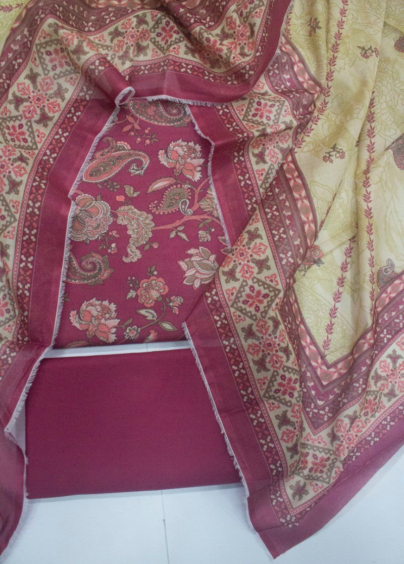 3 Piece Cotton Digital Printed Pink Color Unstitched Suit