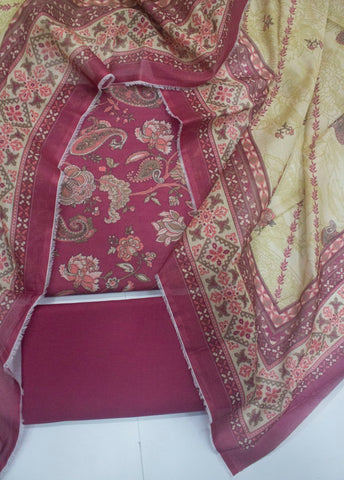 3 Piece Cotton Digital Printed Pink Color Unstitched Suit