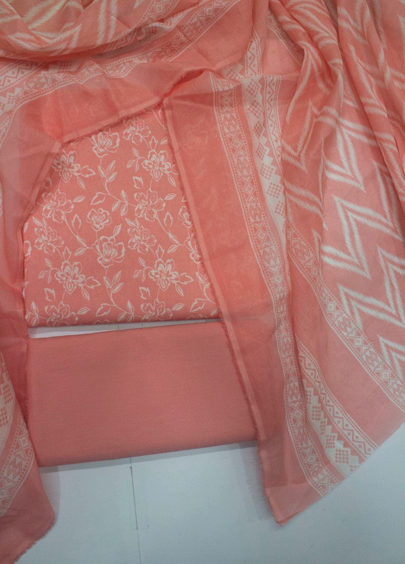 3 Piece Cotton Digital Printed Peach Color Unstitched Suit