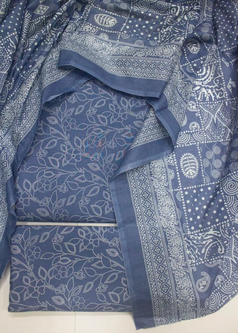 3 Piece Cotton Digital Printed Blue Color Unstitched Suit