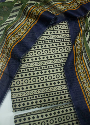 3 Piece Cotton Digital Printed Black & Beige Color Unstitched Suit