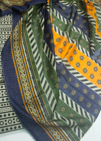 3 Piece Cotton Digital Printed Black & Beige Color Unstitched Suit
