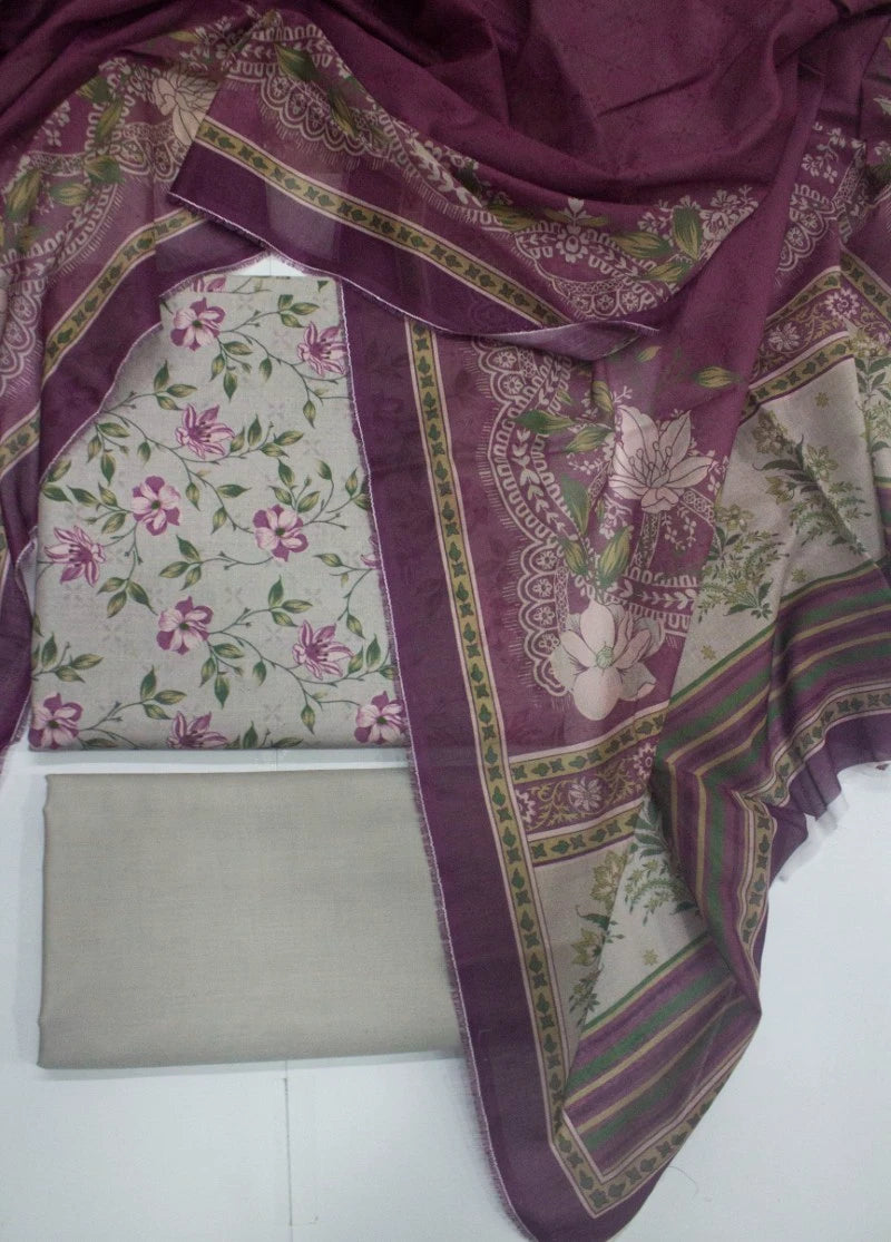 3 Piece Digital Printed Grey Color Unstitched Suit