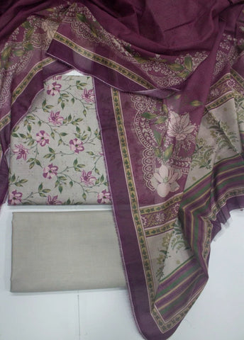 3 Piece Digital Printed Grey Color Unstitched Suit