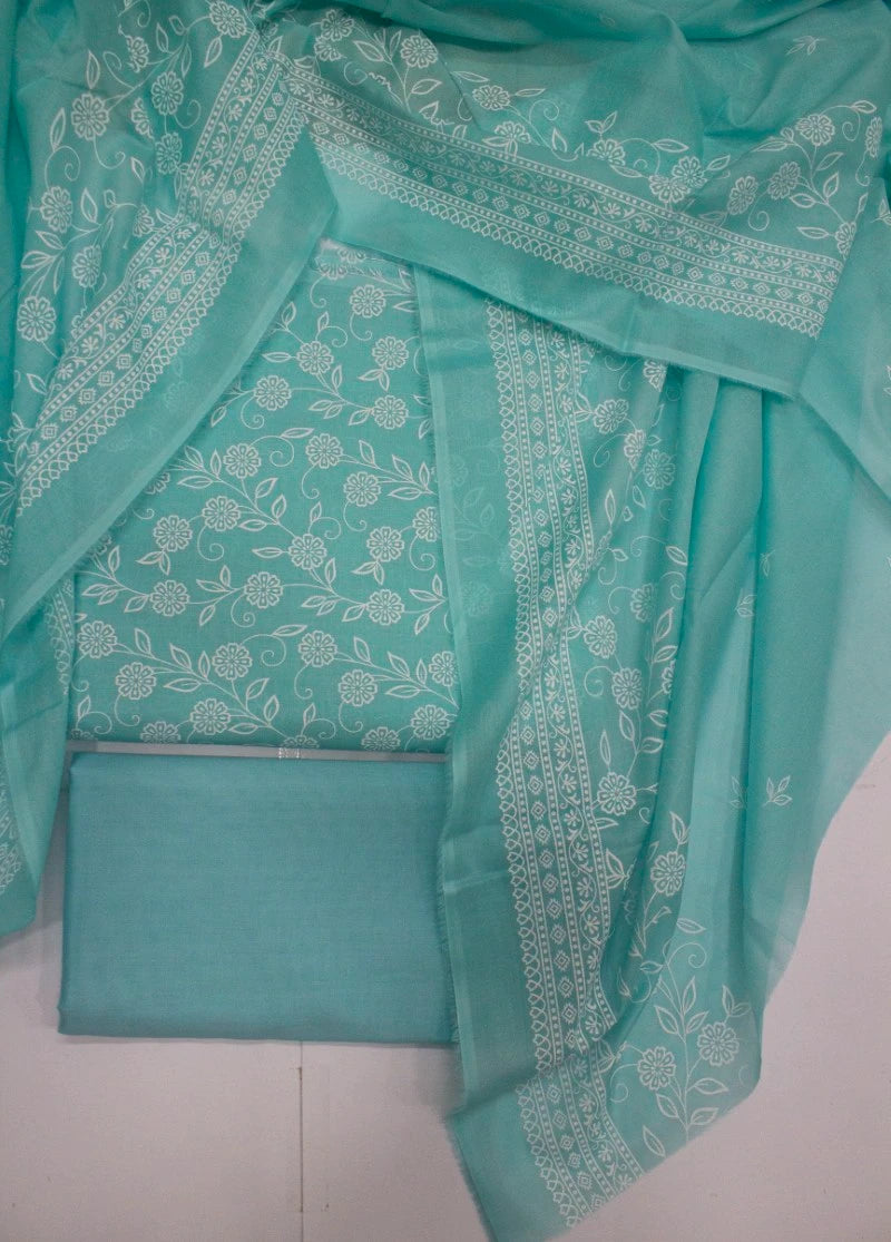 3 Piece Digital Printed Turquoise Color Unstitched Suit