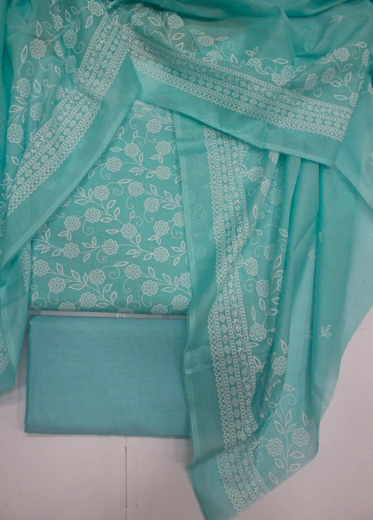 3 Piece Digital Printed Turquoise Color Unstitched Suit