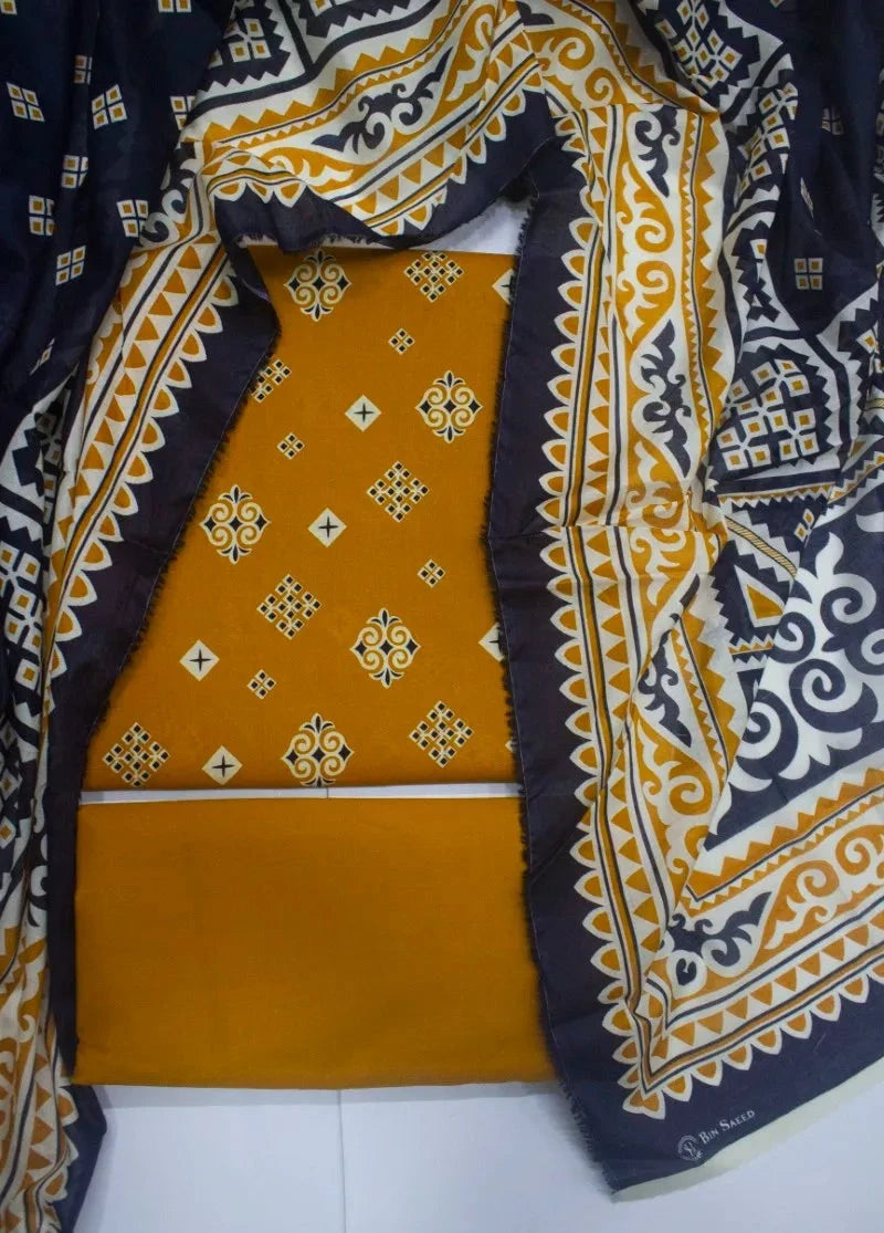 3 Piece Digital Printed Orange Color Unstitched Suit