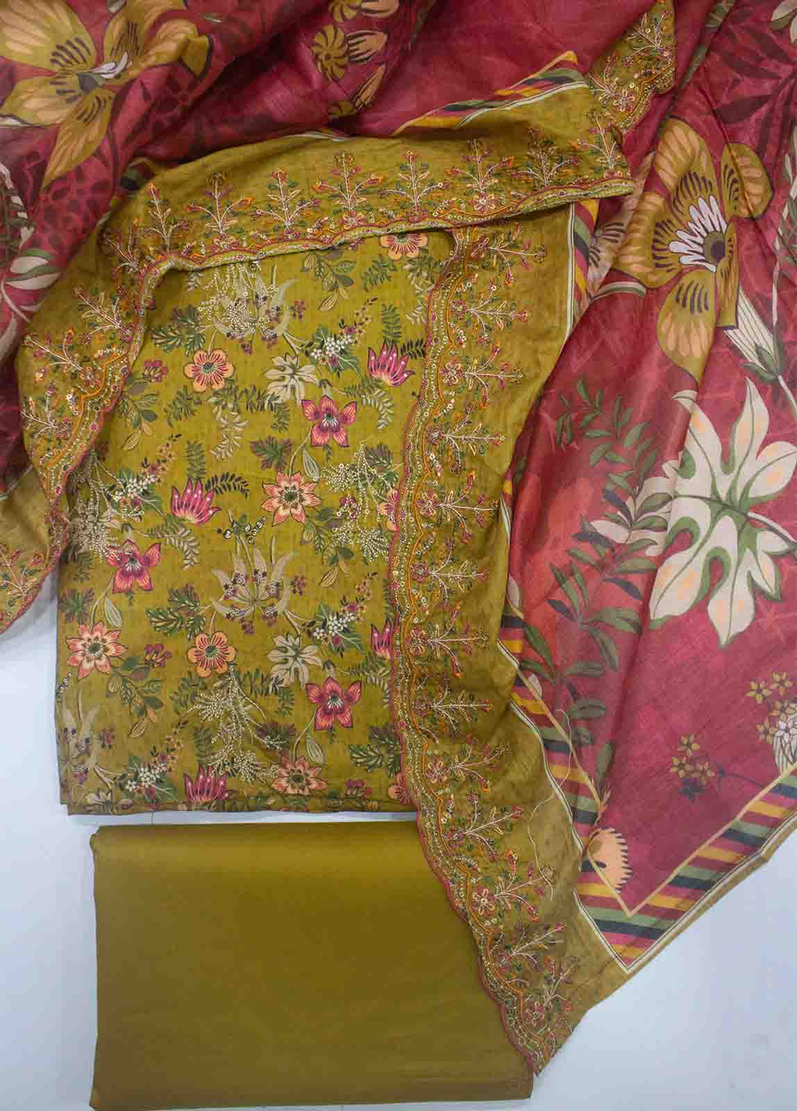 EMBC-0608- 3 Piece Embroidered Cotton UnStitched Suit