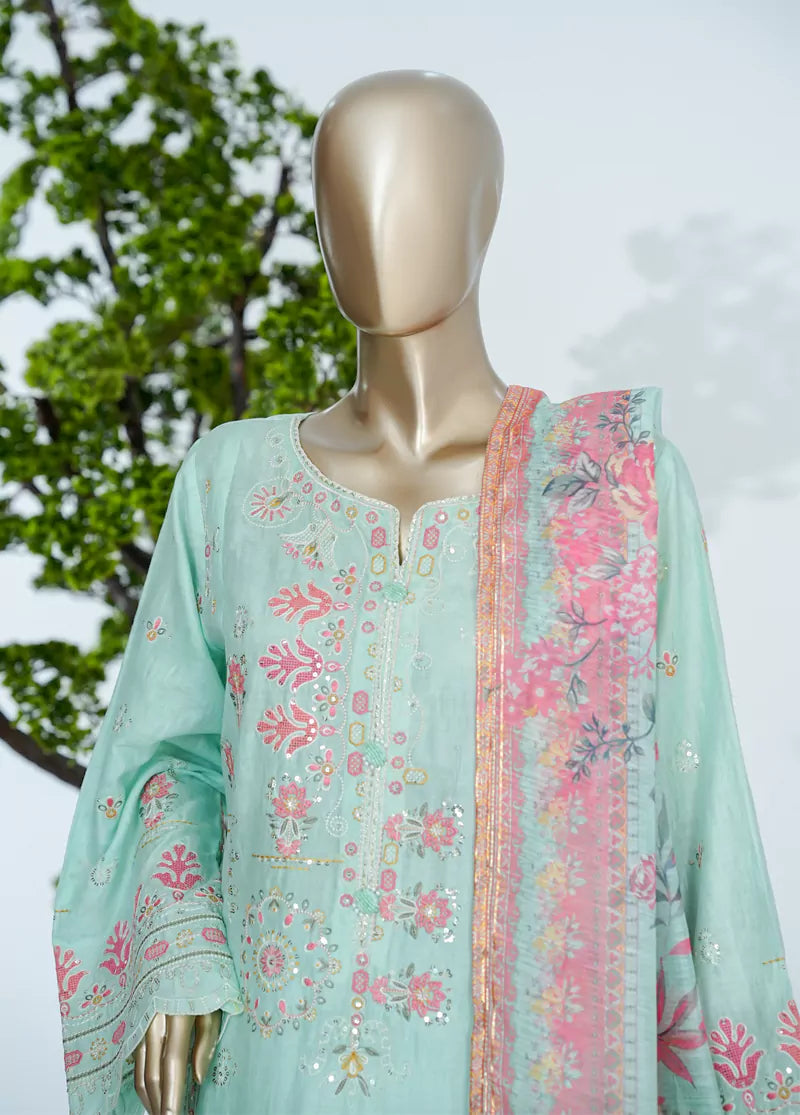 3 Piece Seafoam Green Color Embroidered Jacquard Lawn Shirt with Embroidered Trouser & Dupatta