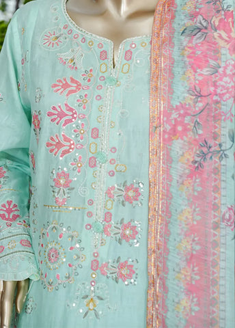 3 Piece Seafoam Green Color Embroidered Jacquard Lawn Shirt with Embroidered Trouser & Dupatta