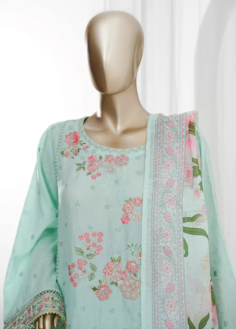 3 Piece Mint Green Color Embroidered Jacquard Lawn Shirt with Embroidered Trouser & Dupatta