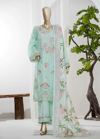3 Piece Mint Green Color Embroidered Jacquard Lawn Shirt with Embroidered Trouser & Dupatta
