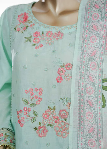 3 Piece Mint Green Color Embroidered Jacquard Lawn Shirt with Embroidered Trouser & Dupatta