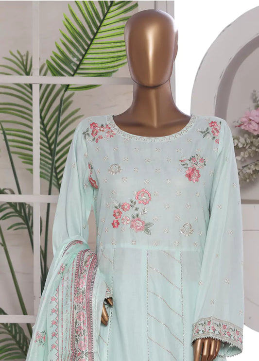 3 Piece Embroidred Stitched Pastel Blue Color Lawn Frock with Trouser & Dupatta
