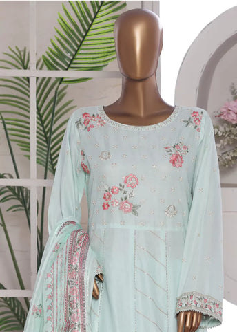 3 Piece Embroidred Stitched Pastel Blue Color Lawn Frock with Trouser & Dupatta