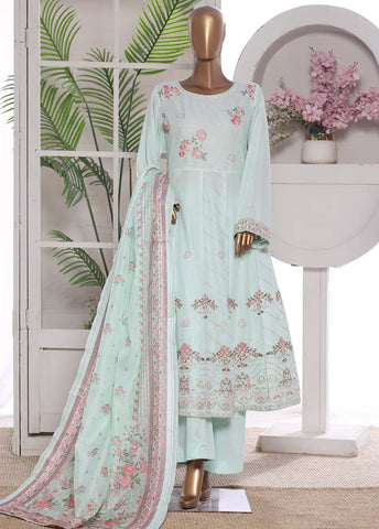 3 Piece Embroidred Stitched Pastel Blue Color Lawn Frock with Trouser & Dupatta