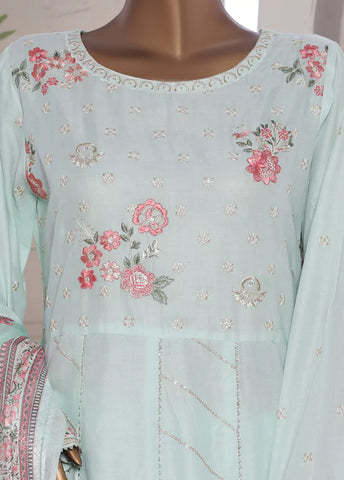 3 Piece Embroidred Stitched Pastel Blue Color Lawn Frock with Trouser & Dupatta