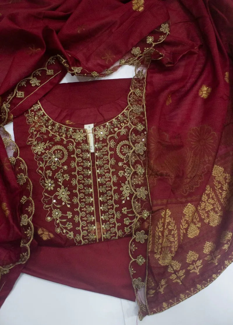 3 Piece Embroidered Stitched Red Color Jacquard Cotton Shirt with Trouser & Dupatta