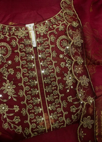 3 Piece Embroidered Stitched Red Color Jacquard Cotton Shirt with Trouser & Dupatta