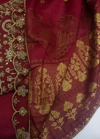 3 Piece Embroidered Stitched Red Color Jacquard Cotton Shirt with Trouser & Dupatta