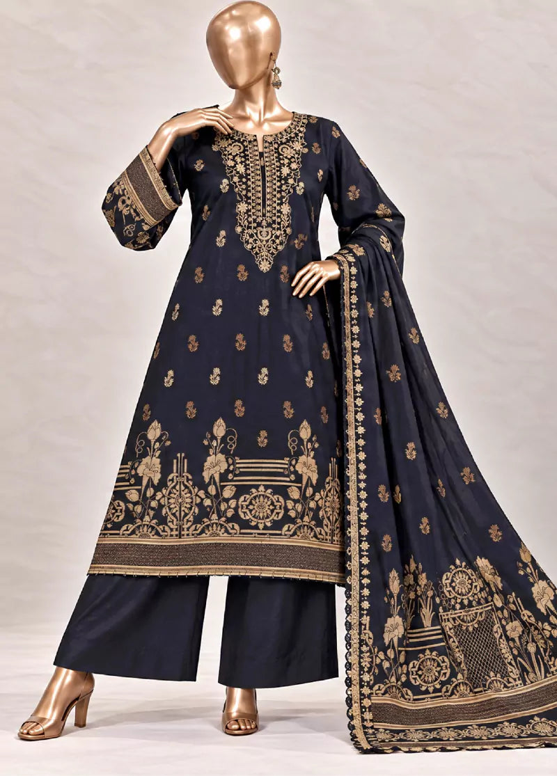 3 Piece Embroidered Stitched Black Color Jacquard Cotton Shirt with Trouser & Dupatta