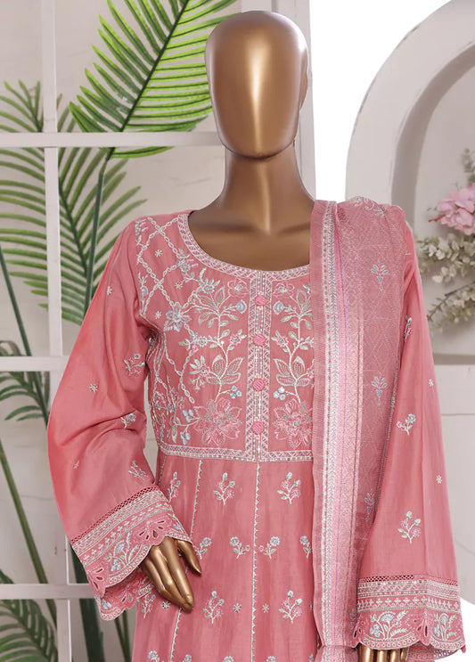 3 Piece Embroidred Stitched Flamingo Pink Color Lawn Frock with Trouser & Dupatta