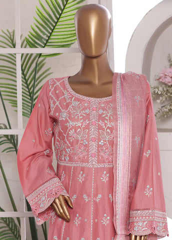 3 Piece Embroidred Stitched Flamingo Pink Color Lawn Frock with Trouser & Dupatta