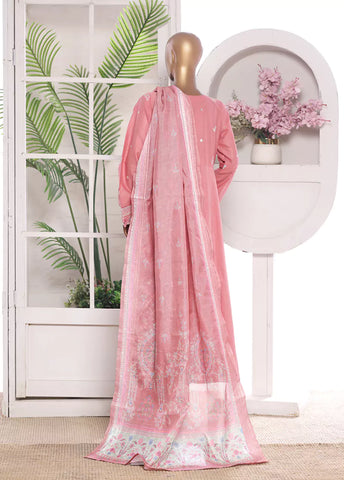 3 Piece Embroidred Stitched Flamingo Pink Color Lawn Frock with Trouser & Dupatta