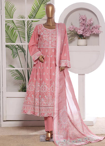 3 Piece Embroidred Stitched Flamingo Pink Color Lawn Frock with Trouser & Dupatta