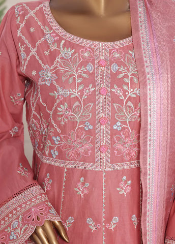 3 Piece Embroidred Stitched Flamingo Pink Color Lawn Frock with Trouser & Dupatta