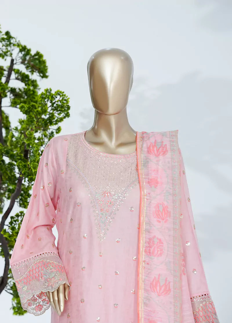 3 Piece Powder Pink Color Embroidered Jacquard Lawn Shirt with Embroidered Trouser & Dupatta