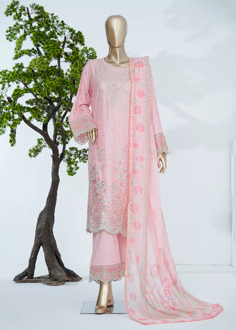 3 Piece Powder Pink Color Embroidered Jacquard Lawn Shirt with Embroidered Trouser & Dupatta