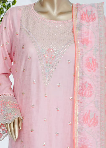 3 Piece Powder Pink Color Embroidered Jacquard Lawn Shirt with Embroidered Trouser & Dupatta