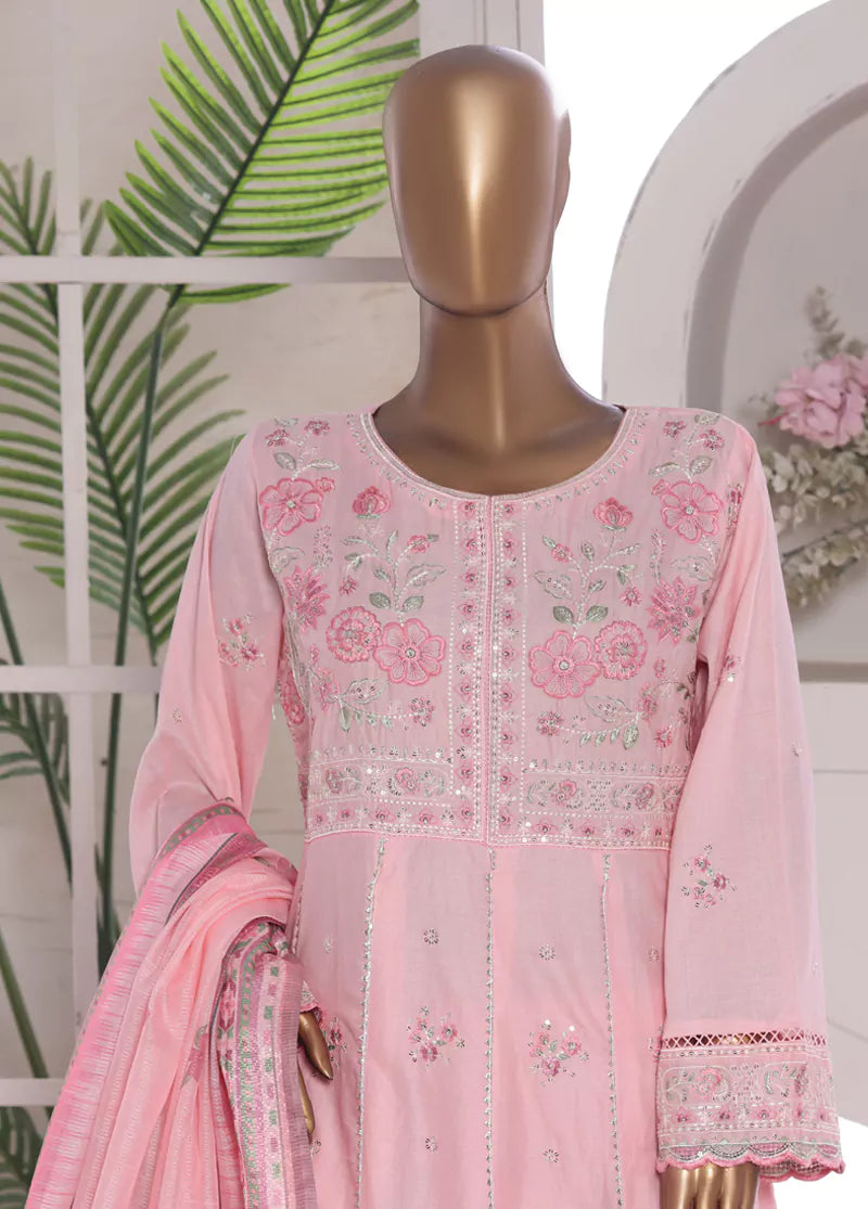 3 Piece Embroidred Stitched Pastel Pink Color Lawn Frock with Trouser & Dupatta