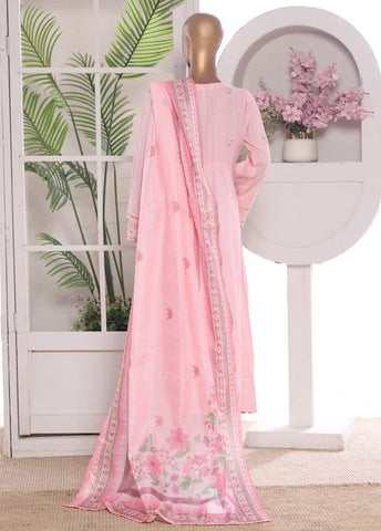 3 Piece Embroidred Stitched Pastel Pink Color Lawn Frock with Trouser & Dupatta