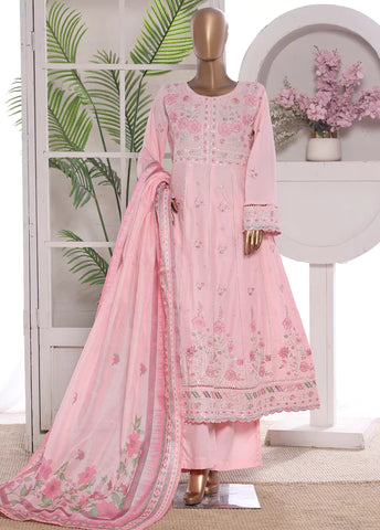 3 Piece Embroidred Stitched Pastel Pink Color Lawn Frock with Trouser & Dupatta