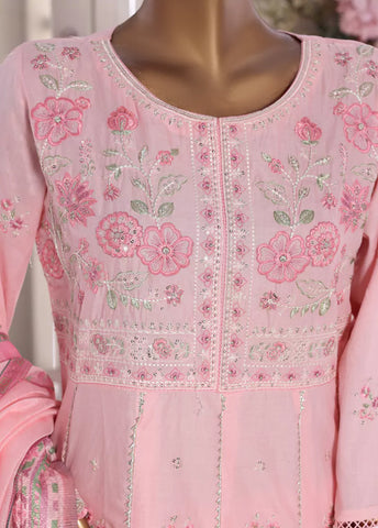 3 Piece Embroidred Stitched Pastel Pink Color Lawn Frock with Trouser & Dupatta