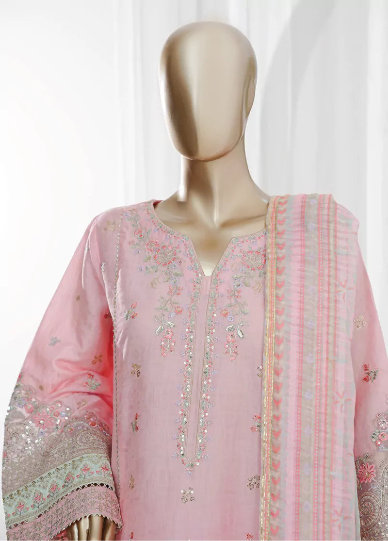 3 Piece Pastel Pink Color Embroidered Jacquard Lawn Shirt with Embroidered Trouser & Dupatta