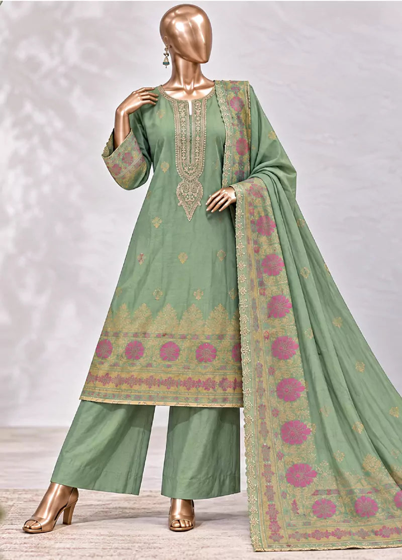 3 Piece Embroidered Stitched Seafoam Green Color Jacquard Cotton Shirt with Trouser & Dupatta